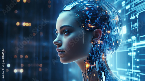 An attractive robot girl with AI in a futuristic world , Generative AI