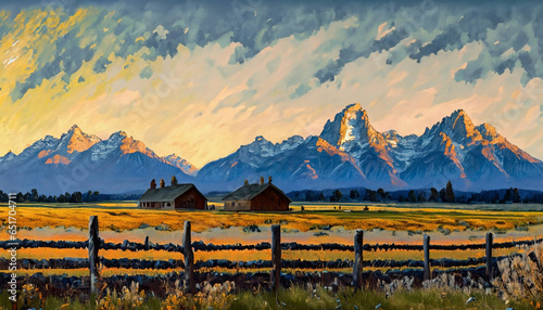 Beautiful painting of an acreage in the Grand Teton area in Wyoming, USA