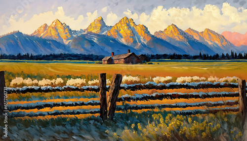 Beautiful painting of an acreage in the Grand Teton area in Wyoming, USA photo