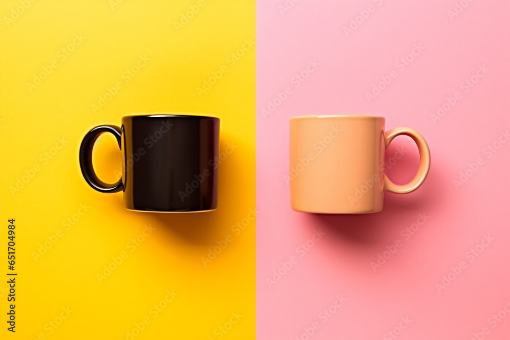 Set of coffee cups in pink yellow pastel color table. Top view Set of coffee cups in pink yellow pastel color table. Top view