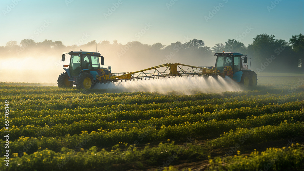Fototapeta premium tractor spraying field in spring with sprayer