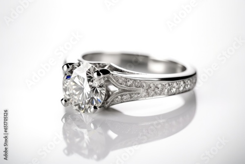 A white gold or platinum ring with a large round diamond and an intricate band with smaller diamonds, resting on a white surface and reflected in the background.