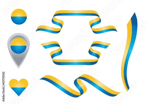  Illustration of colored ribbons, ball, map pointer and heart. Yellow and blue, yellow alluding to heraldic colors of many flags. Vector isolated on transparent background