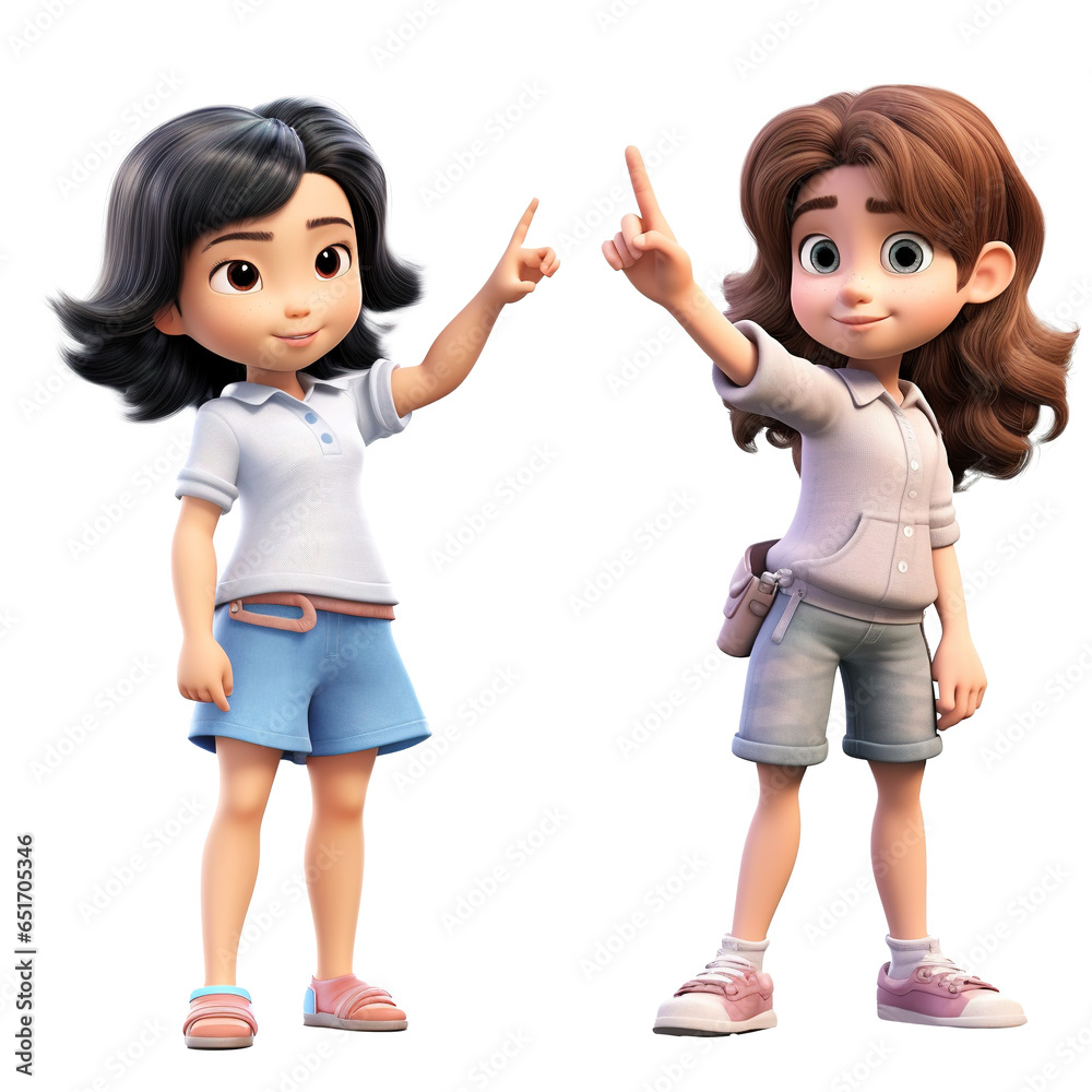 Cute, Smiling Caucasian Girl Cartoon Character, Pointing Finger On 