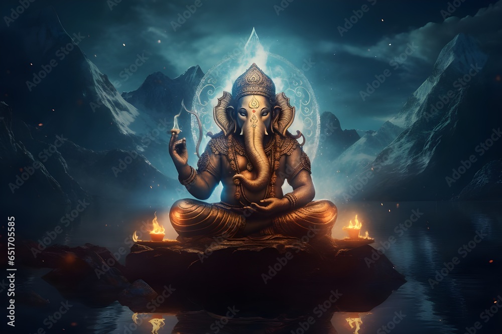 Illustration of Lord Ganesha over Mansarovar, Kailash mountains, northern lights, Ganpati bappa moraya, Happy Ganesh Chaturthi, Generative AI