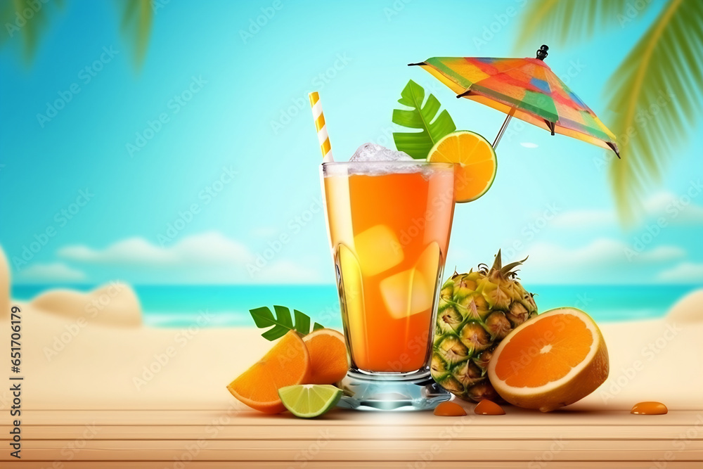 Obraz premium Summer holidays illustration - cocktail on a beach against a sunny sunset seascape