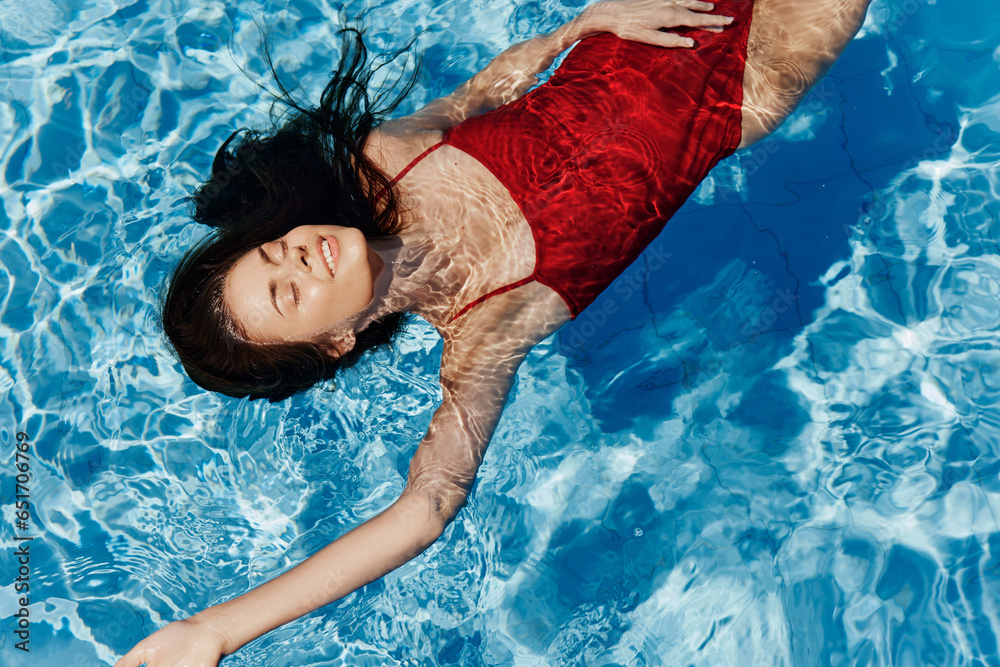 Woman female blue water swim summer pool - obrazy, fototapety, plakaty 