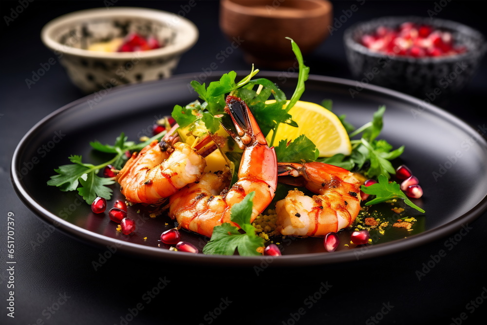 Gourmet shrimps dish on a plate in restaurant Gourmet shrimps dish on a plate in restaurant