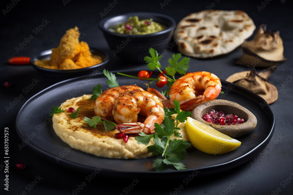 Gourmet shrimps dish on a plate in restaurant Gourmet shrimps dish on a plate in restaurant