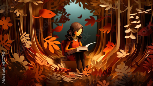 Girl reading a book in the forest in autumn, in the style of paper cut shapes and layered paper