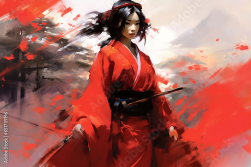 female samurai holding her hand on a katana.