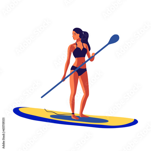 Young woman in a swimsuit swimming on a SUP board vector flat illustration vacation outdoor