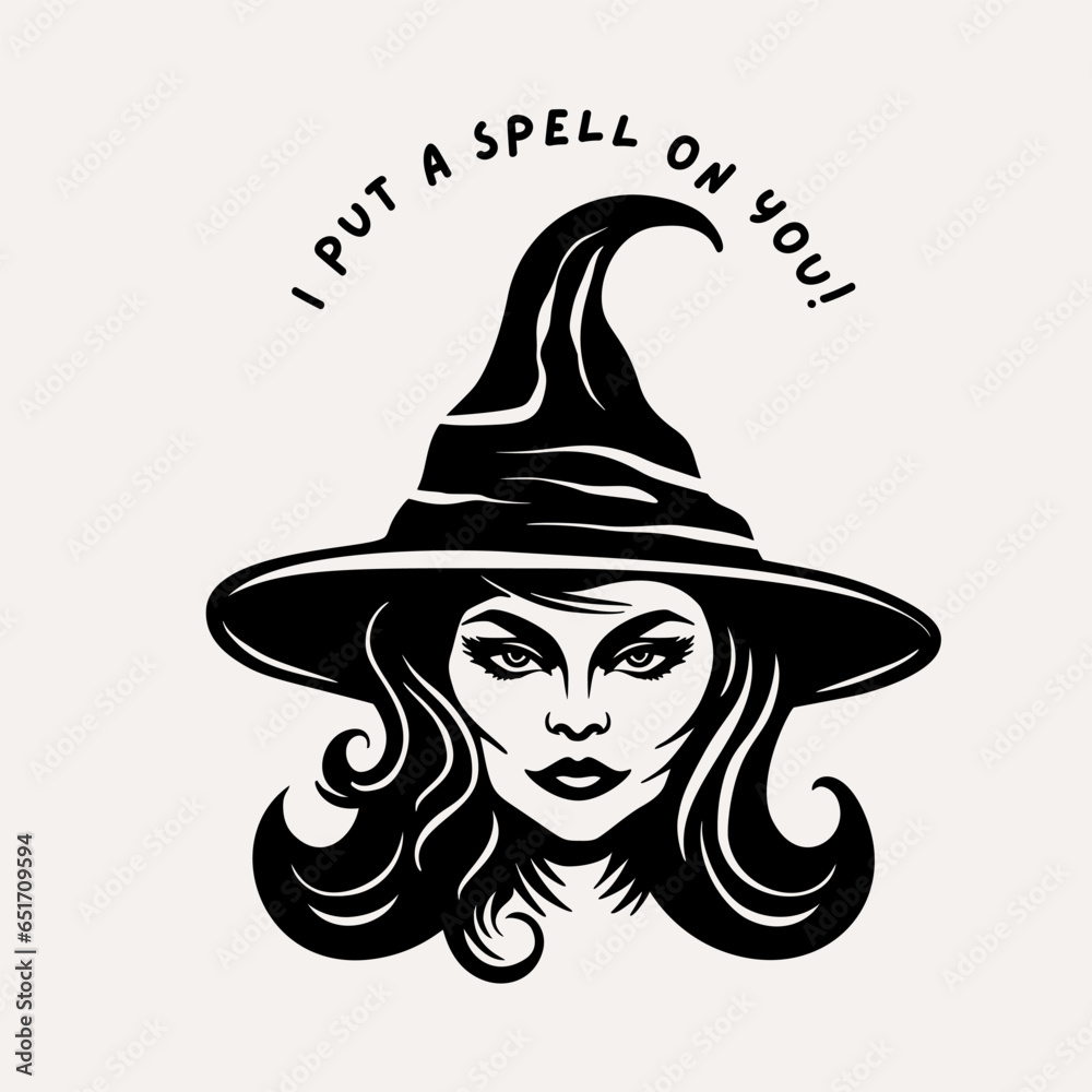 Young charming witch woman face in a hat Halloween silhouette portrait, vector party card print illustration