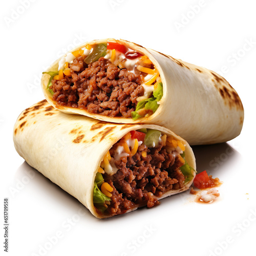 Burritos AI image illustration isolated on white background. Delicious tasty popular food concept. American favourite cuisine 