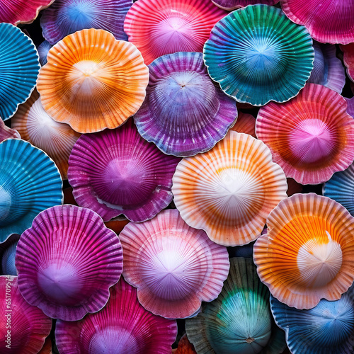 Closeup view of colorful shells filling the whole frame