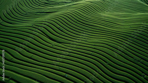 Aerial view illustration of green lines in open field. Abstract background of organic green lines in open field seen from above.