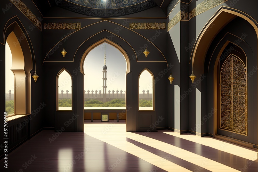 Light rays from mosque window or door. Prayer's vision, generative ai. Muslim art.
