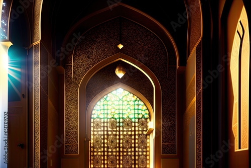 Light rays from mosque window or door. Prayer s vision  generative ai. Muslim art.