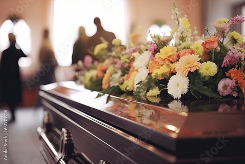 A solemn funeral scene with a black coffin, flowers, and mourners in a chapel, symbolizing grief and remembrance.