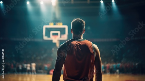 Back view - Basketball player in sports uniform with a ball on a floodlit professional basketball court. generative ai © OP38Studio