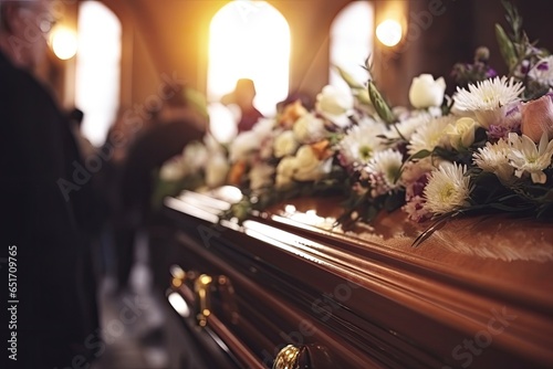 A somber funeral scene with a black coffin, flowers, and mourners in a church, symbolizing grief, remembrance, and sadness.
