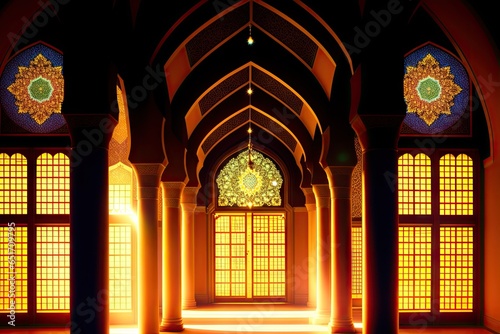 Light rays from mosque window or door. Prayer's vision, generative ai. Muslim art.