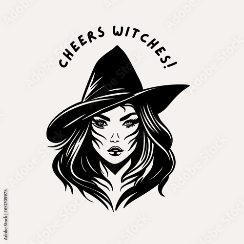 Young charming witch woman face in a hat Halloween silhouette portrait, vector party card print illustration © trihubova