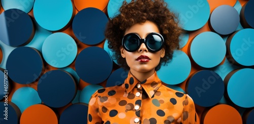 Fashion-forward young Latin woman channels the vibrant spirit of the 60s-70s disco era, standing out against a dynamic pop art backdrop, her sunglasses adding a modern twist to her retro style.