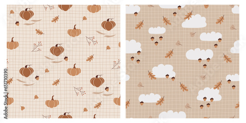 Autumn set of cute seamless vector patterns with clouds, pumpkins, acorns, leaves on hand drawn grid ornament. Nursery hand drawn ornament for textile, paper, package. 