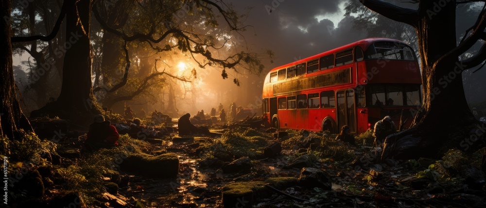 Obraz na płótnie red bus double decker london post apocalypse landscape game wallpaper photo art illustration rust w salonie