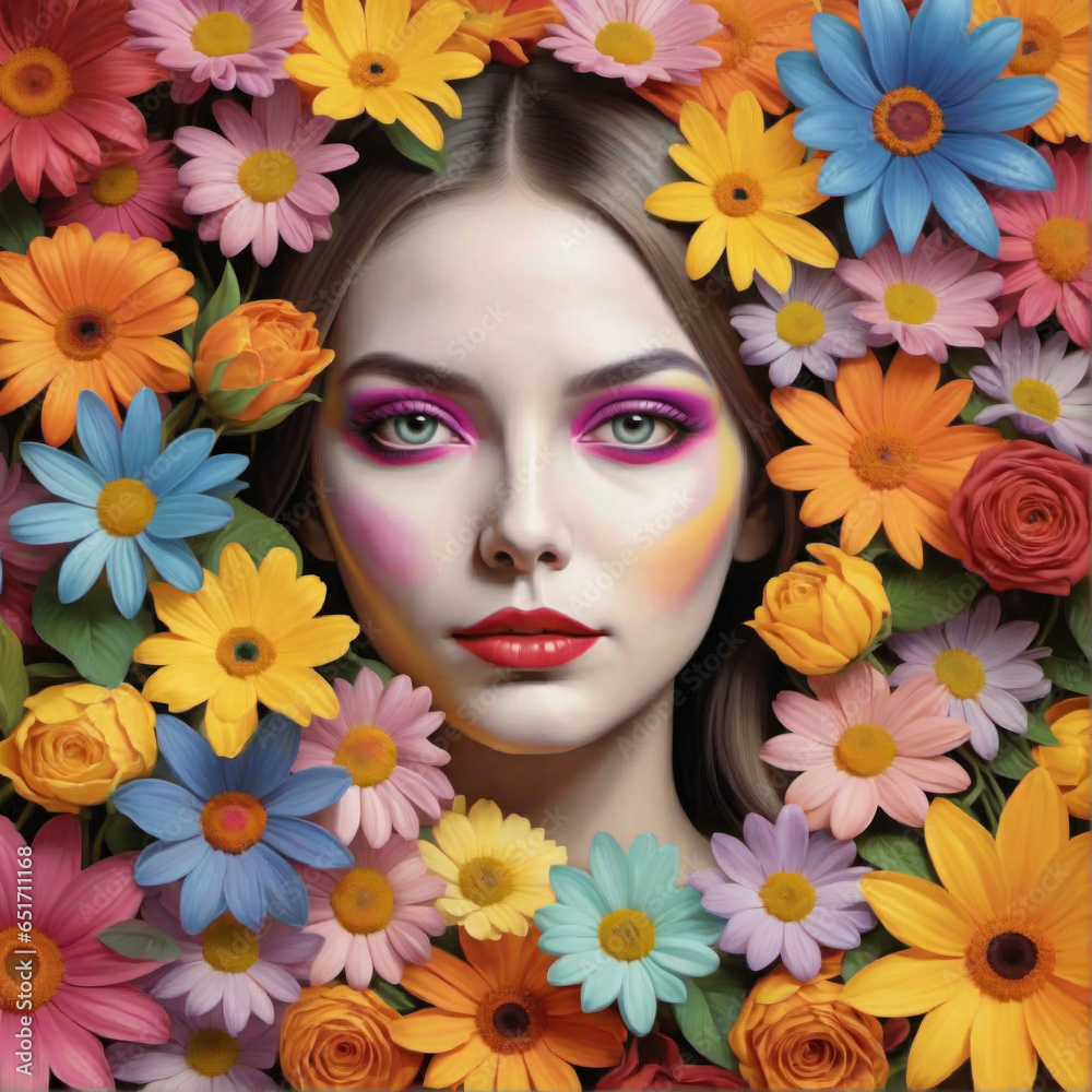 woman's head surrounded by flowers woman's head surrounded by flowers