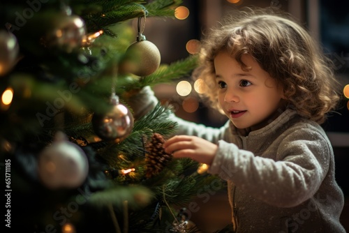 a close-up portrait of a cute happy looking toddler decorating a christmas tree with ornaments. Winter holiday fairy tale spirit