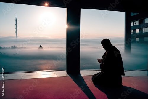 Muslim praying in a mystical environment, silhouette photo, no face visible, generative ai, color grading, islam religion concept photo © Aleksandr