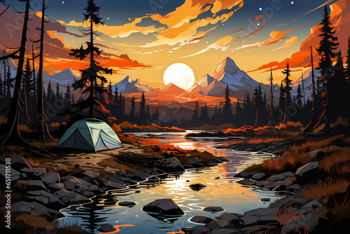 Nature illustration flat design. Beautiful sunset view with forest and mountain in the nature illustration background