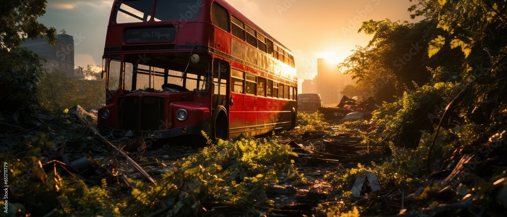red bus double decker london post apocalypse landscape game wallpaper photo art illustration rust - obrazy, fototapety, plakaty 