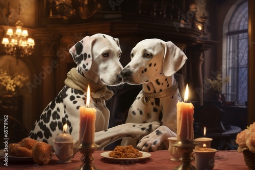 two cute dalmatian dogs having a romantic dinner dinning at the luxurious french parisian restaurant with vintage interior, touching their noses in love