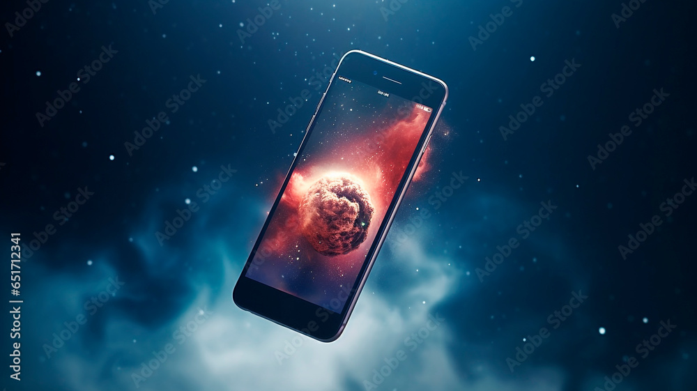 photo of a smartphone working in space, an indicator of maximum protection of your device, for any conditions. Generative AI  - obrazy, fototapety, plakaty 