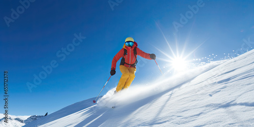 A joyful winter skiing adventure, where a skier enjoys the slopes on a clear day in the beautiful snowy mountains.