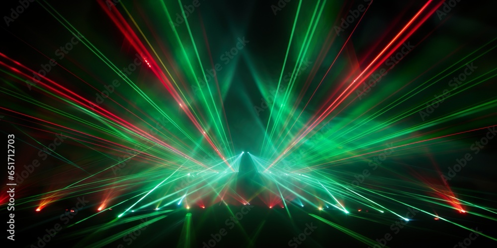 Fototapeta premium Lasershow background banner - Closeup of colorful red green laser beams rays in a club, disco, nightclub or on a festival, in the dark black night | Generative AI