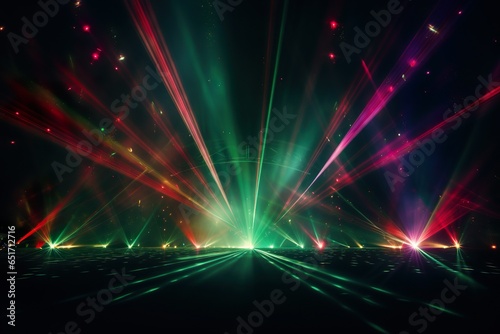 Lasershow background banner - Closeup of colorful red green laser beams rays in a club, disco, nightclub or on a festival, in the dark black night | Generative AI