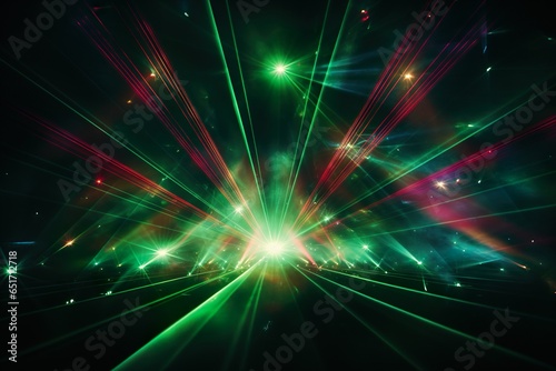 Lasershow background banner - Closeup of colorful red green laser beams rays in a club, disco, nightclub or on a festival, in the dark black night | Generative AI