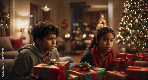 hispanic children in front of christmas present in a nice living room with christmas decoration at christmas eve. Generative AI.