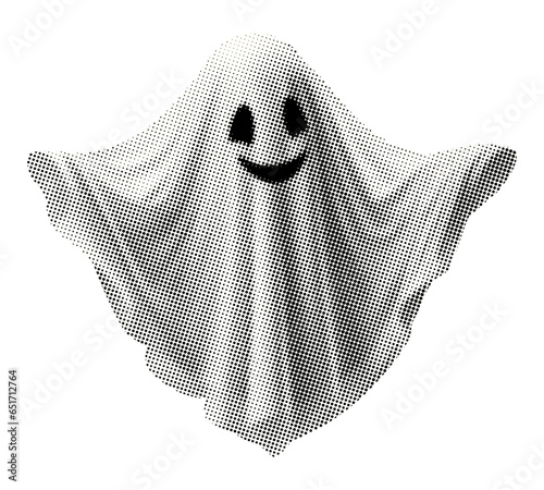 ghost made of sheet with eyes and smile isolated retro grunge halftone dotted texture vintage magazine style collage element for mixed media design