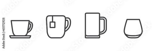 Icon set of glass cups and glasses. Collection of coffee cup, tea glass, beer and whiskey vector symbols in trendy line style on white background. Drink icon in modern packaging.