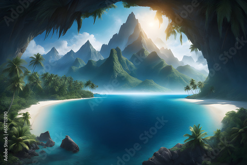 snowy mountain landscape with sea beauty.