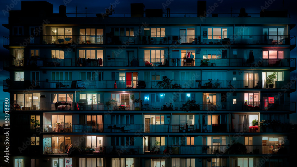 A photo of a night city, an apartment building, lots of windows glowing in the night, a shot showing life in a big city. Generative AI A photo of a night city, an apartment building, lots of windows glowing in the night, a shot showing life in a big city. Generative AI