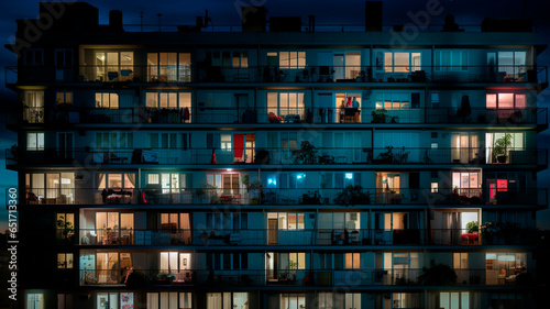 A photo of a night city, an apartment building, lots of windows glowing in the night, a shot showing life in a big city. Generative AI