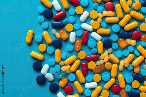 Pills is surrounded by a pile of colorful pills