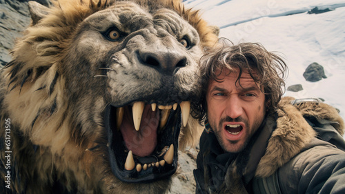 Selfie of an ancient man and snarling saber - toothed tiger, glacial background. Generative AI