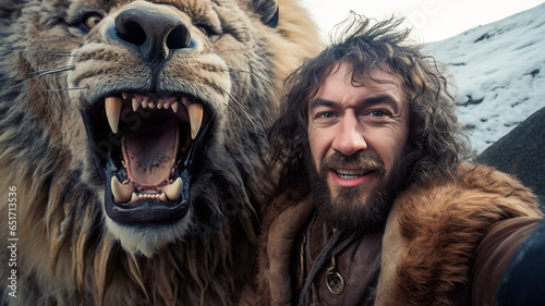 Selfie of an ancient man and snarling saber - toothed tiger, glacial background. Generative AI photo